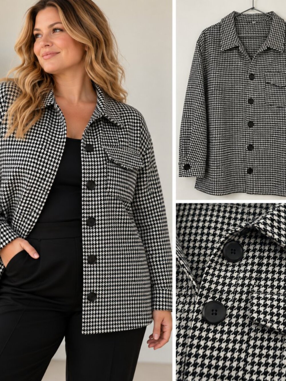 Women’s 2XL 100% Cotton Houndstooth Shirt Jacket Black White Shacket